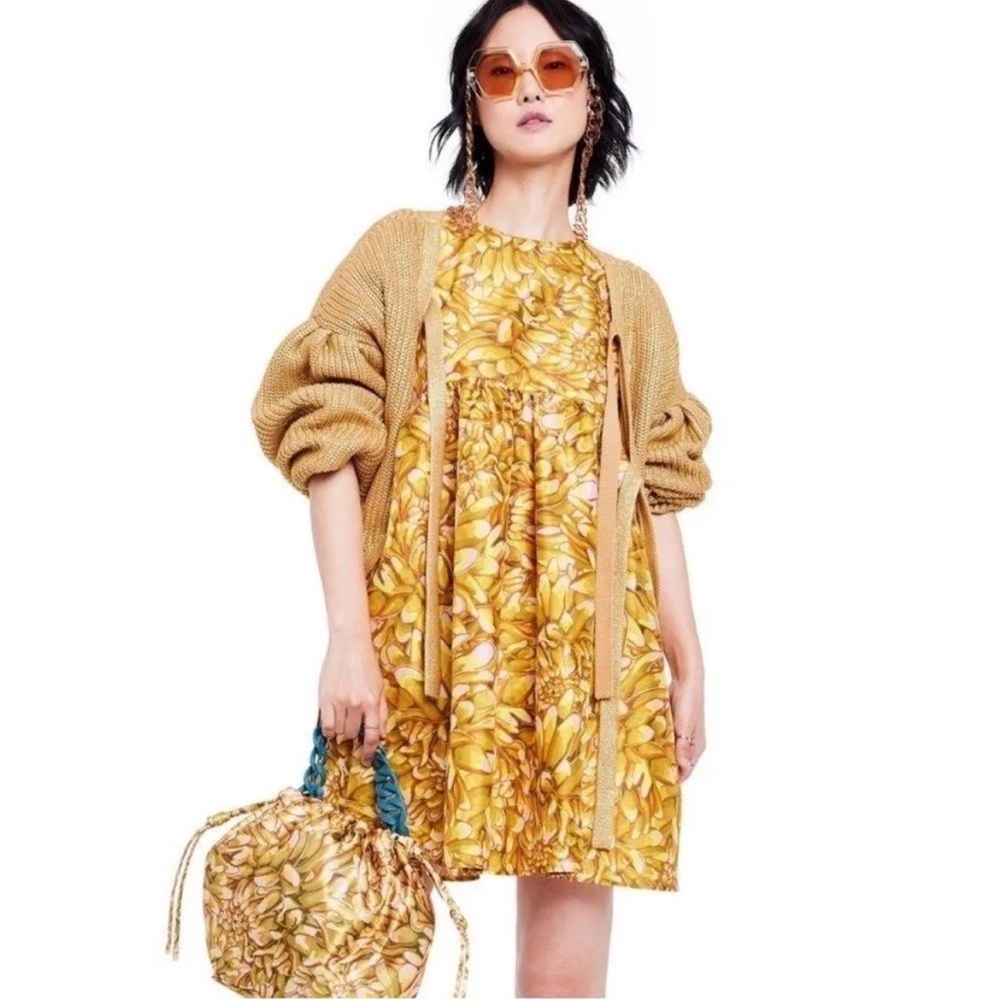 Kika Vargas Yellow Floral Mini Dress with Knit Cardigan